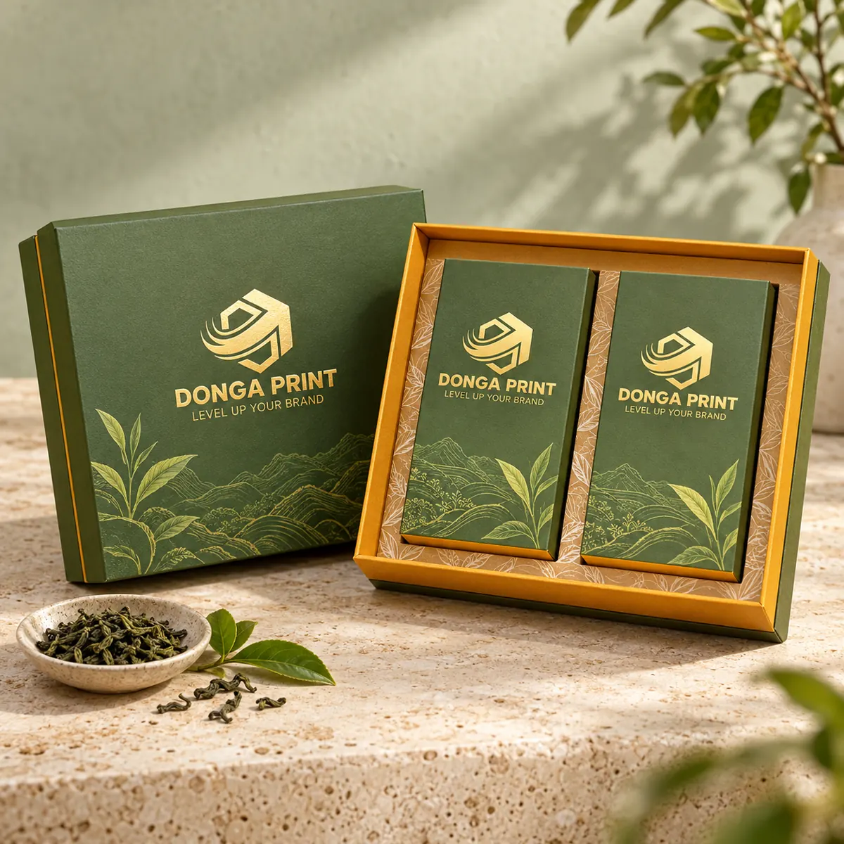 Hộp âm dương đựng trà, ép kim vàng – Đông Á Print