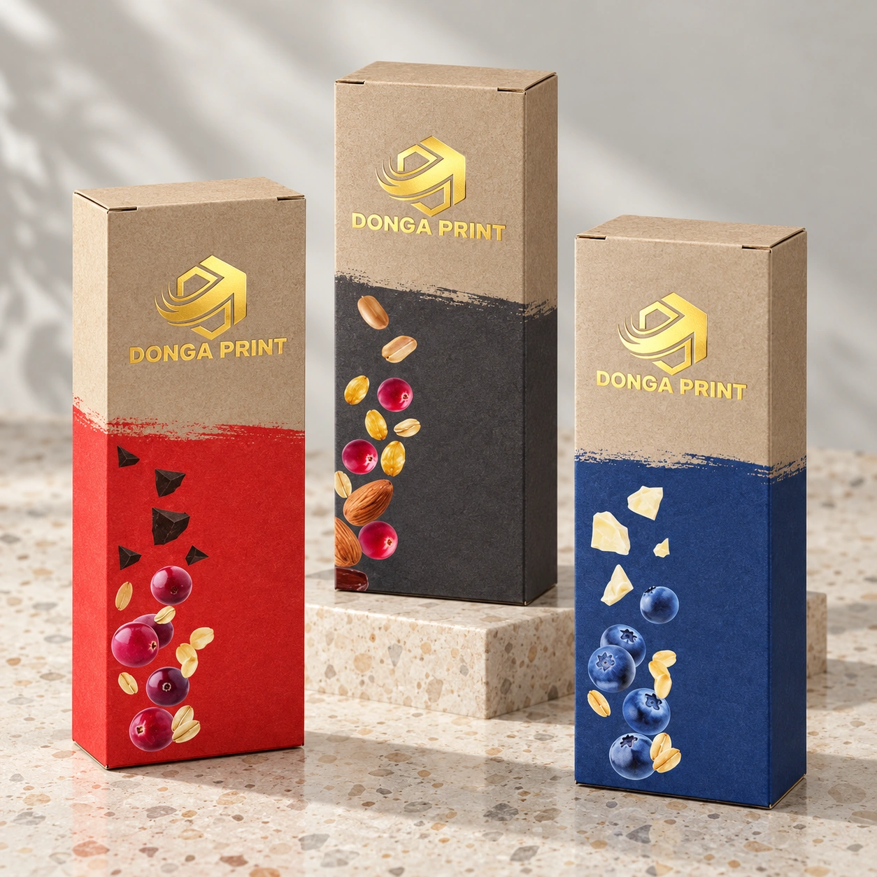Hộp Đựng Socola In Logo Theo Yêu Cầu – 6, 9, 12 Viên Từ 300 Hộp 13 Ba hộp giấy kraft đứng in họa tiết hạt và trái cây sấy, logo ép kim vàng
