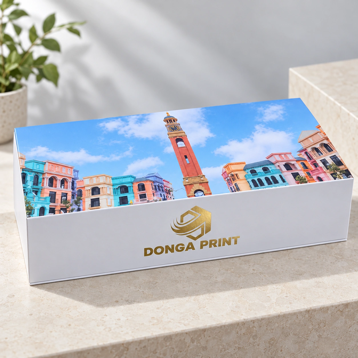 Hộp quà dài in tranh minh họa phố cổ, logo ép kim vàng