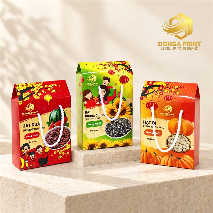 Ba hộp giấy đứng có quai dây đựng hạt dưa, hạt hướng dương, hạt bí – mẫu hộp giấy đựng đặc sản nhỏ