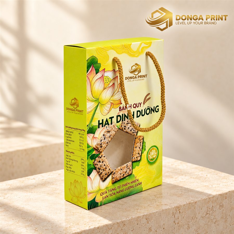 Hộp giấy đựng hạt dinh dưỡng có cửa sổ lục giác, hoạ tiết hoa sen xanh vàng, quai dây