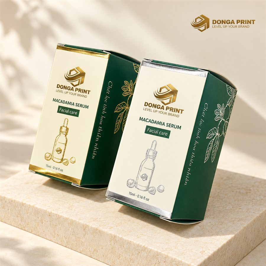 In Hộp Nắp Gập Theo Yêu Cầu: 5 Kiểu Hộp, Giấy & Lưu Ý Đặt In 18 Hai hộp giấy xanh lá ép kim vàng và bạc, ví dụ in hộp nắp gập với ép kim hai tông màu